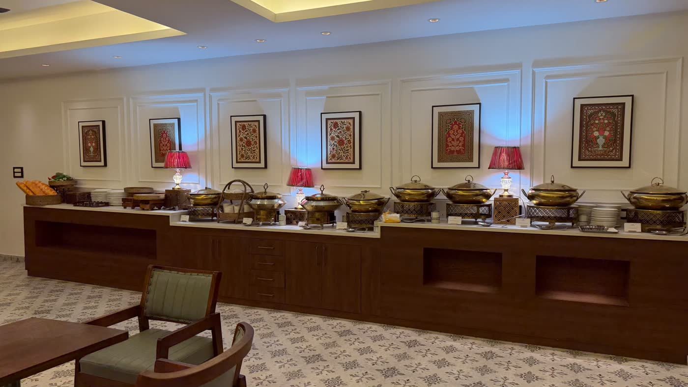 Brass chafing dishes set for a vegetarian buffet